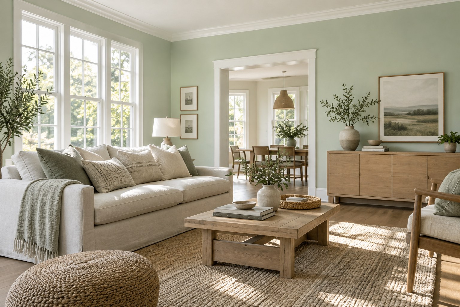 Living room with mint-green walls, pale wood and natural window light